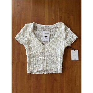 Black Ibis lace crop top for women size small, white see through vneck ruf NWT